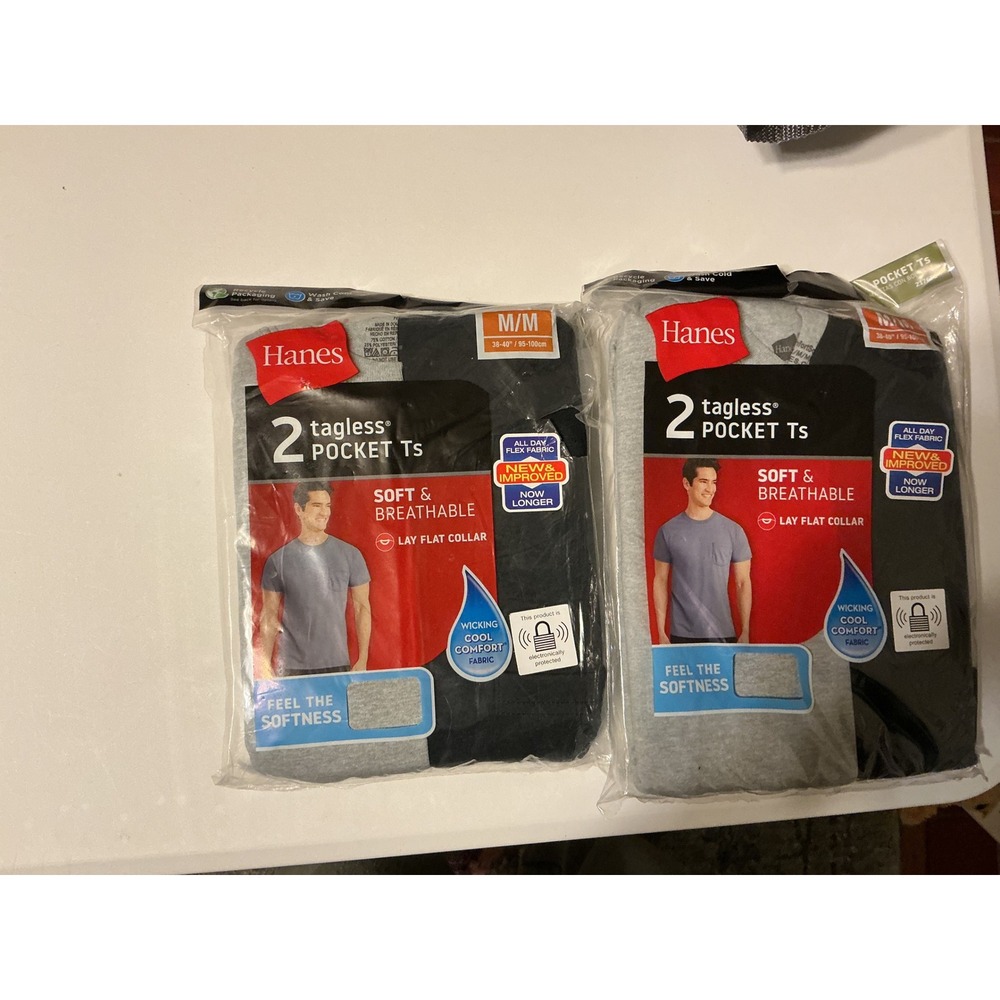 Hanes Mens 2 Pack Tagless Pocket 2 T Shirts Pack Soft Breathable M M Grey Black